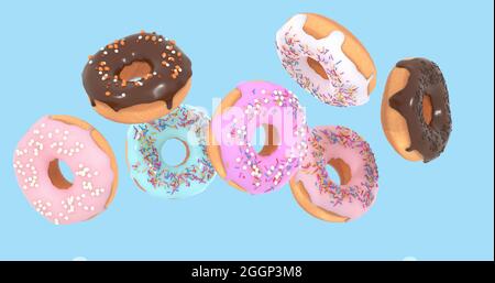 flying doughnuts - mix of multicolored sweet donuts with sprinkles on blue background isolated. 3d. Stock Photo