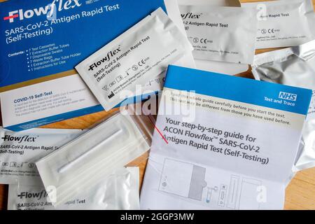 Flowflex SARS-CoV-2 Antigen Rapid Test (Self-Testing) contents. Stock Photo