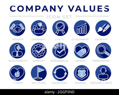 Blue Round Company Core Values Flat Icon Set. Integrity, Leadership, Quality and Development, Creativity, Accountability, Simplicity, Dependability, H Stock Vector