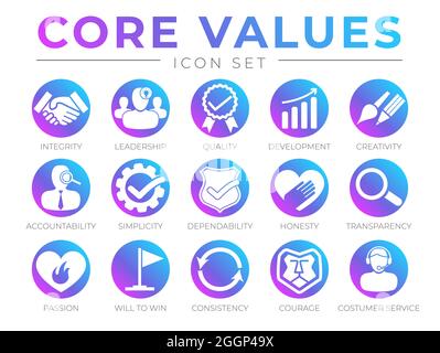 Neon Web Company Core Values Round Web Icon Set. Integrity, Leadership, Quality and Development, Creativity, Accountability, Simplicity, Dependability Stock Vector