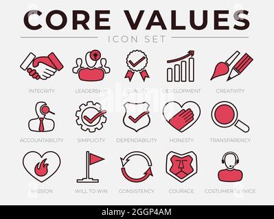 Core Values Retro Icon Set. Integrity, Leadership, Quality and Development, Creativity, Accountability, Simplicity, Dependability, Honesty, Transparen Stock Vector