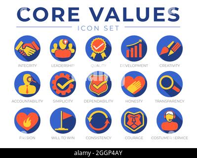 Company Core Values Round Web Icon Set. Integrity, Leadership, Quality and Development, Creativity, Accountability, Simplicity, Dependability, Honesty Stock Vector