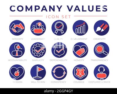 Company Core Values Round Flat Icon Set. Integrity, Leadership, Quality and Development, Creativity, Accountability, Simplicity, Dependability, Honest Stock Vector