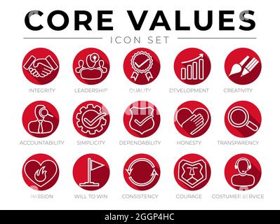 Company Core Values Red Round Flat Icon Set. Integrity, Leadership, Quality and Development, Creativity, Accountability, Simplicity, Dependability, Ho Stock Vector