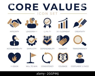 Company Core Values Icon Set. Integrity, Leadership, Quality and Development, Creativity, Accountability, Simplicity, Dependability, Passion, Consiste Stock Vector