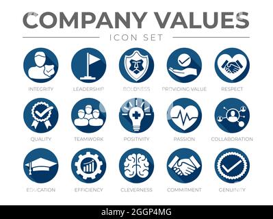 Business Company Values Flat Round Icon Set. Integrity, Leadership, Boldness, Value, Respect, Quality, Teamwork, Positivity, Passion, Collaboration, E Stock Vector