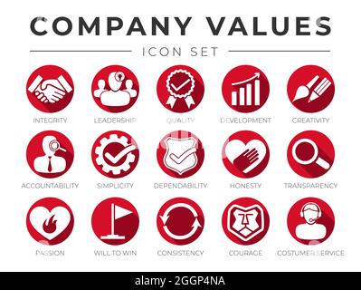 Company Core Values Round Web Icon Set. Integrity, Leadership, Quality and Development, Creativity, Accountability, Simplicity, Dependability, Honesty Stock Vector