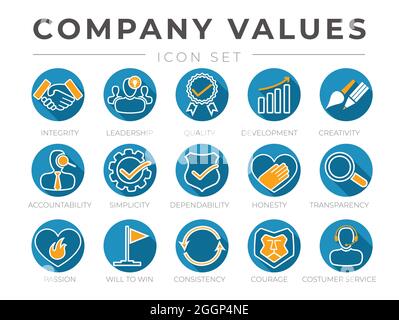 Company Core Values Round Flat Icon Set. Integrity, Leadership, Quality and Development, Creativity, Accountability, Simplicity, Dependability, Honest Stock Vector