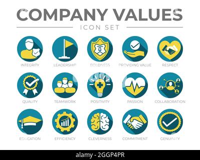 Business Company Values Round Color Icon Set. Integrity, Leadership, Boldness, Value, Respect, Quality, Teamwork, Positivity, Passion, Collaboration, Stock Vector