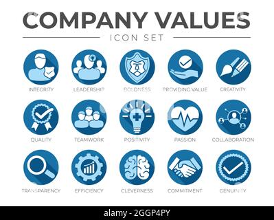 Blue Flat Business Company Values Flat Round Icon Set. Integrity, Leadership, Boldness, Value, Creativity, Quality, Teamwork, Positivity, Passion, Col Stock Vector