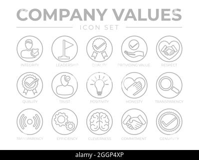 Thin Outline Company Values Round Gray Icon Set. Integrity, Leadership, Quality, Value, Respect, Trust, Positivity, Honesty, Transparency, Efficiency, Stock Vector
