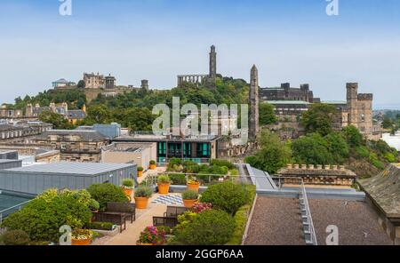 Edinburgh, UK. 2nd Sep, 2021. UK, Scotland UK Weather. A view from above looking over a rooftop garden and the iconic Carlton Hill in Edinburgh, on a fine day in Scotlands capital city. Credit: phil wilkinson / Alamy Live News Stock Photo