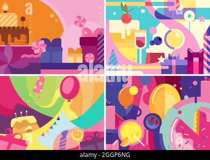 Collection of Happy Birthday banners. Holiday postcard designs in flat style. Stock Vector