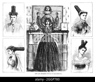 New and Becoming Styles of Headdresses, satirical cartoon by Thomas Nast (1840-1902). At center, a woman is holding a child on top of her head, surrounded by four vignette views of 'new' hairstyles. Harper's Weekly, 1867. Stock Photo