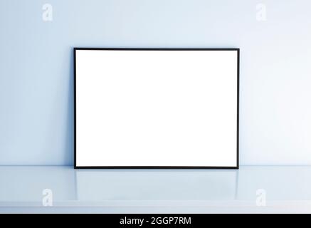 Rectangular mock up frame with reflection and blue background. Stock Photo