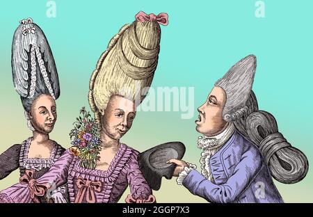 The head and shoulders of two fashionable women who wear extremely high wigs; to the right a gentleman greets them by taking his hat off. Stock Photo