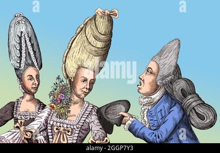 The head and shoulders of two fashionable women who wear extremely high wigs; to the right a gentleman greets them by taking his hat off. Stock Photo