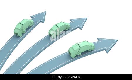 three garbage trucks go in different arrows isolated on white above view. 3d rendering Stock Photo