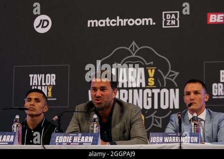 Leeds, UK. 02nd Sep, 2021. The Queens Hotel, Leeds, West Yorkshire, 2nd September 2021 Mauricio Lara, Eddie Hearn and Josh Warrington during a Media Press Conference ahead Lara Warrington 2 on Saturday at Emerald Headingley Stadium in Leeds. Credit: Touchlinepics/Alamy Live News Stock Photo