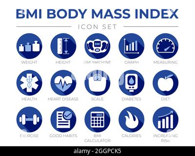 Blue BMI Body Mass Index Round Icon Set of Weight, Height, BMI Machine, Graph, Measuring, Health, Heart Disease, Scale, Diabetes, Diet, Exercise, Habi Stock Vector