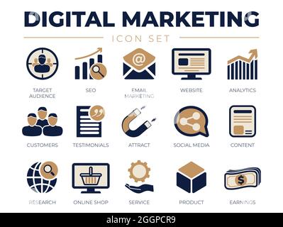 Digital Marketing Icon Set. Target Audience, SEO, Email Marketing, Website, Analytics, Customers, Testimonials, Attract, Social Media, Content, Online Stock Vector