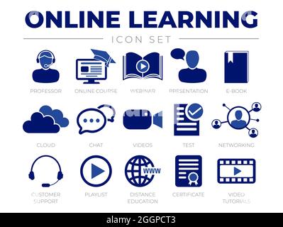 Online Learning Icon Set. Professor, Online Course, Webinar, Presentation, E-Book, Cloud, Chat, Videos, Test, Networking, Customer Support, Playlist, Stock Vector