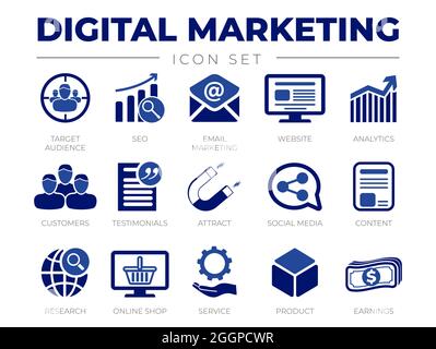 Blue Digital Marketing Icon Set. Target Audience, SEO, Email Marketing, Website, Analytics, Customers, Testimonials, Attract, Social Media, Content, I Stock Vector