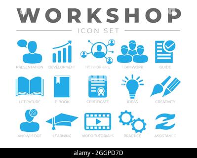 Workshop Icon Set. Presentation, Development, Networking, Teamwork, Guide, Literature, E-Book, Certificate, Ideas, Creativity, Knowledge, Learning, Vi Stock Vector