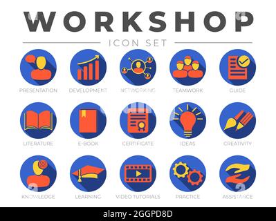 Round Workshop Icon Set. Presentation, Development, Networking, Teamwork, Guide, Literature, E-Book, Certificate, Ideas, Creativity, Knowledge, Learni Stock Vector