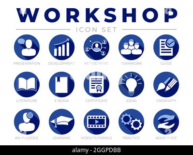 Round Workshop Icon Set. Presentation, Development, Networking, Teamwork, Guide, Literature, E-Book, Certificate, Ideas, Creativity, Knowledge, Learni Stock Vector