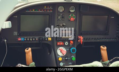 Included control panel in the cockpit of an airplane or helicopter. Close-up Stock Photo