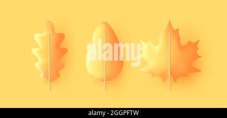 Autumn leaves set, isolated on a yellow background, 3d render graphic style, oak and maple leaves yellow to orange gradient Stock Vector