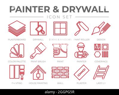 Painter and Drywall Outline Icon Set with Plasterboard, Paint Roller, Brush, Painter Color Palette, Painting, Wall, Plaster, Ladder Icons Stock Vector