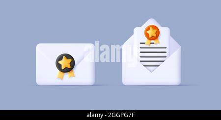 3d render illustration of envelop with stamp and open with letter, digital web icon style, isolated illustration Stock Vector