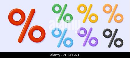 Set of 3d icon of percent symbol, rounded soft illustration in different colors, isolated render graphic Stock Vector