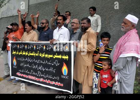 Terminated Employees of Sui Southern Gas Company (SSGC) are holding protest demonstration against unemployment and price hiking, at Hyderabad press club on Thursday, September 02, 2021. Stock Photo