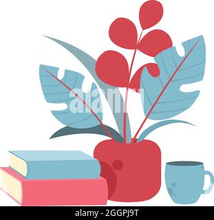 Books, flower, pot hot tea cup icon cartoon vector. Book study Stock Vector
