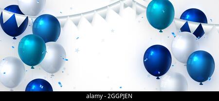 Elegant blue ballon and ribbon Happy Birthday celebration card banner template background Stock Photo