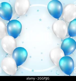 Elegant blue white ballon and ribbon Happy Birthday celebration card banner template star pattern background Stock Photo