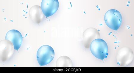 Elegant blue white ballon and party propper ribbon Happy Birthday celebration card banner template background Stock Photo