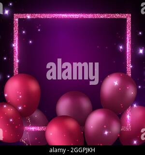 Elegant 3D realistic golden magenta red purple ballon and square frame Happy Birthday celebration card banner template background Stock Photo