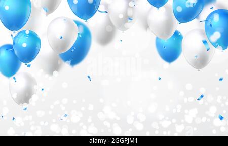 Elegant blue white ballon and ribbon Happy Birthday celebration card banner  template star pattern background Stock Photo - Alamy
