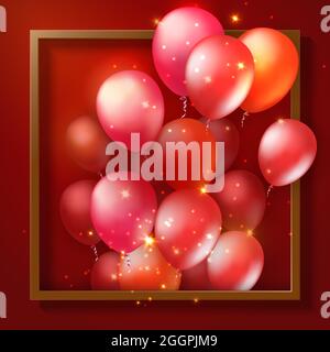 Elegant 3D realistic golden white ballon and square frame party popper ribbon Happy Birthday celebration card banner Stock Photo