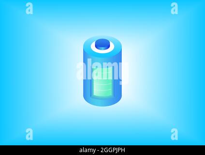 Fully charged battery isometric 3d vector icon. Electronic renewable energy concept illustration. Stock Vector