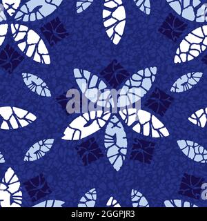 Vector blue shibori quilt abstract flower prints seamless pattern with terrazzo background 01. Suitable for textile, gift wrap and wallpaper. Stock Vector