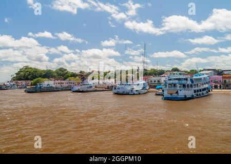 OBIDOS, BRAZIL - JUNE 28, 2015: View of boats in a port in Obidos town, Brazil Stock Photo