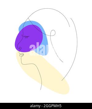 A woman face with abstract spots of color. Girl face in line art style. Vector illustration of modern female profile portrait. Stock Vector