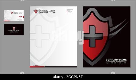 Shield Logo Design with Letterhead, Business Card for Protecting and Security Business Stock Vector
