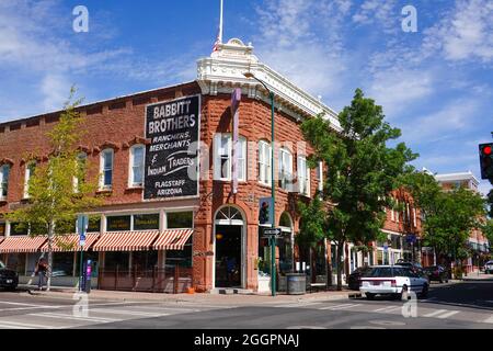 Historic Babbit Brothers, est 1888, with Ranchers, Merchants, and Indian Traders sign, N. San Francisco Street, downtown Flagstaff, Arizona, USA. Stock Photo