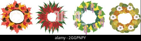 Colorful of leaves wreaths from fall vector(Maple,Sumac,Birch,Magnolia) Stock Vector